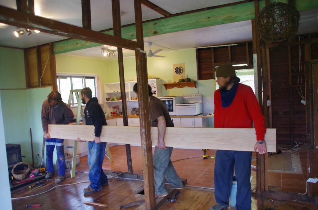 Many hands make light work. Installing one of the beams.