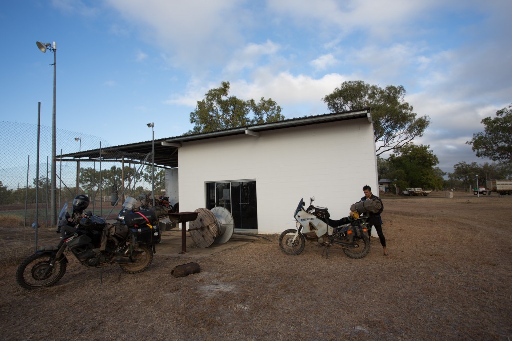 Packing the bikes outside the old gym where we slept