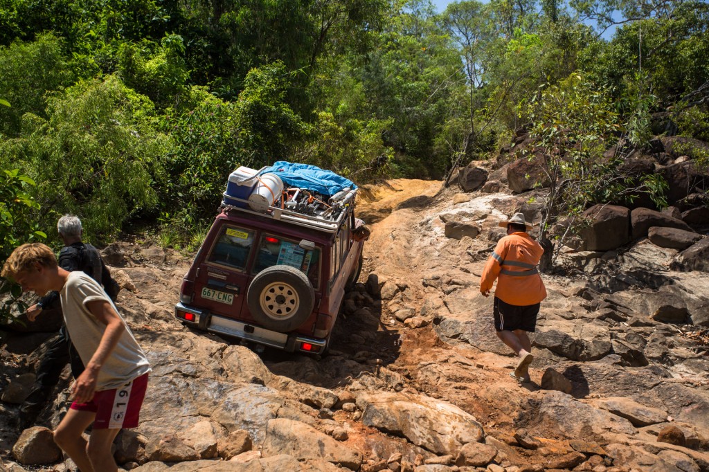 A german lad trying to get his Nissan Patrol out of the Pascoe River crossing.